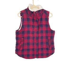 Skies Are Blue Red Blue Women's Sleeveless Plaid Lined Cotton Vest Zip/ Button L